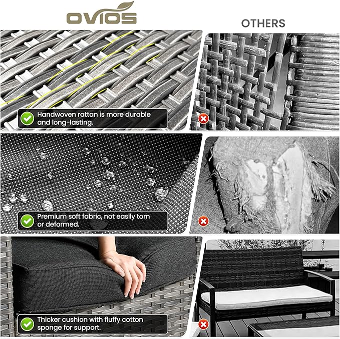 ovios 6 Pieces Patio Furniture Set with 30" Fire Pit Table, Outdoor Wicker Sofa with Comfy Cushions, All Weather High Back Rattan Couch Conversation Set, Black
