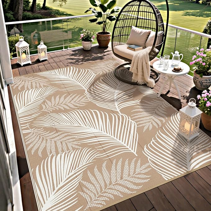 Pauwer Waterproof Outdoor Rug 5x8, Reversible Plastic Straw Patio Camping Rug, Indoor Outdoor RV Mat Carpet for Deck, Camper, Porch, Balcony, Backyard, Picnic, Leaf Brown