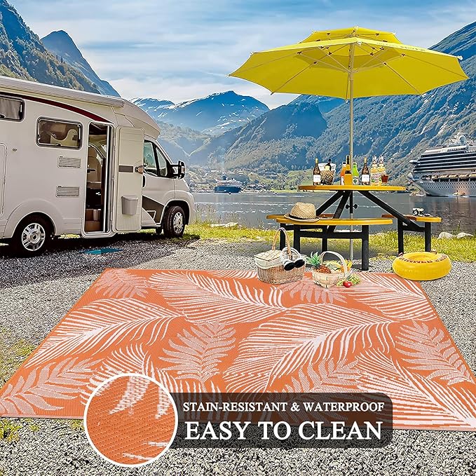 Pauwer Waterproof Outdoor Rug 8x10, Reversible Plastic Straw Patio Camping Rug, Indoor Outdoor RV Mat Carpet for Deck, Camper, Porch, Balcony, Backyard, Picnic, Leaf Orange