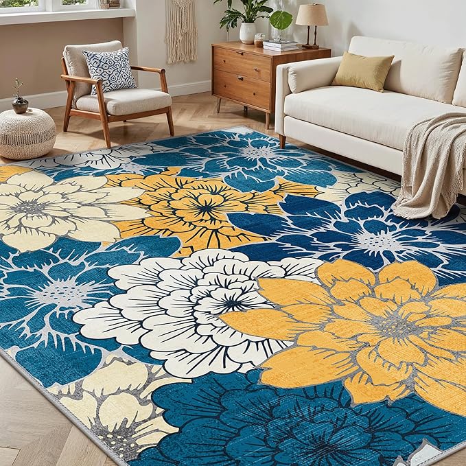GENIMO Indoor Outdoor Area Rug 8' X 10' Waterproof, Washable Patio Rug Non Shedding, Easy Cleaning Floral Outdoor Carpet for Living Room, Bedroom, Dining Room, Balcony, Backyard, Deck, RV, Blue