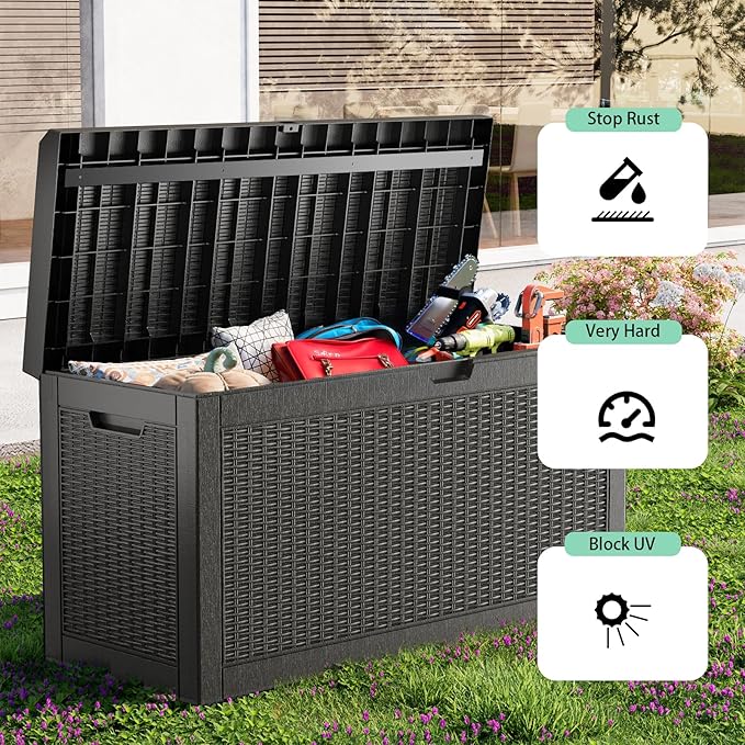 60 Gallon Resin Deck Box, Lockable Outdoor Storage Box for Patio Cushions Storage Furniture,Garden Tools, Pool Supplies, Weatherproof and UV Resistant（Black Rattan）