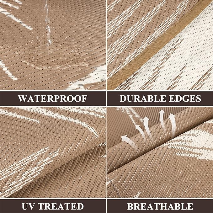 Pauwer Waterproof Outdoor Rug 6x9, Reversible Plastic Straw Patio Camping Rug, Indoor Outdoor RV Mat Carpet for Deck, Camper, Porch, Balcony, Backyard, Picnic, Leaf Brown