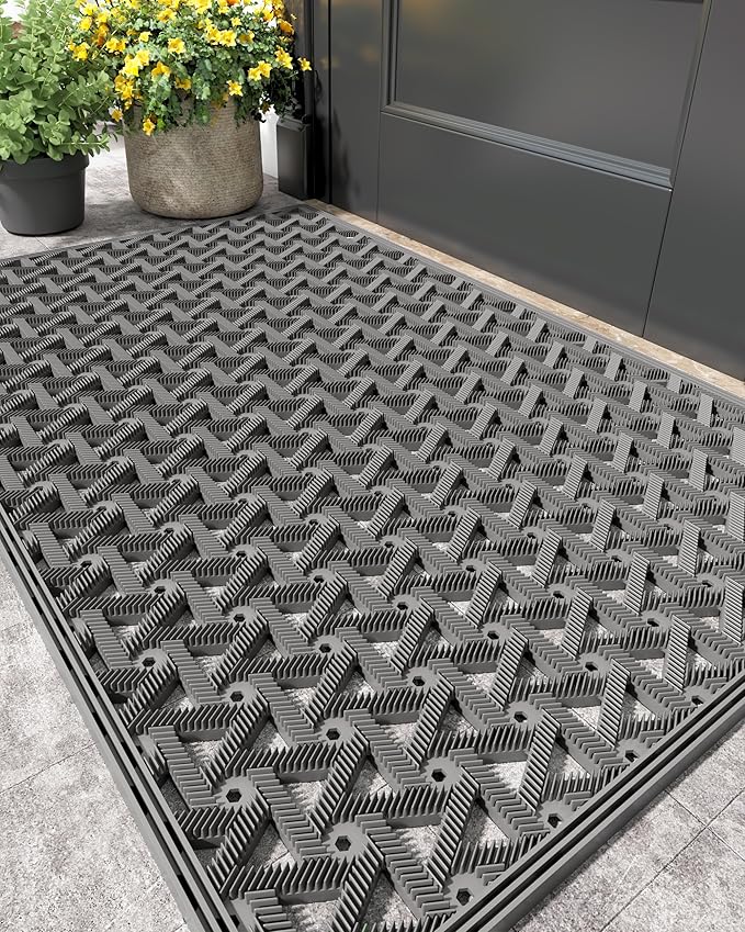 Color&Geometry Door Mat Outside Entrance with Drainage, Rubber Heavy Duty Dirt Trapper Waterproof Outdoor Welcome Mat, Outdoor Mats All Weather for Front Back Door Patio Entryway Entry, 24"X36" Grey