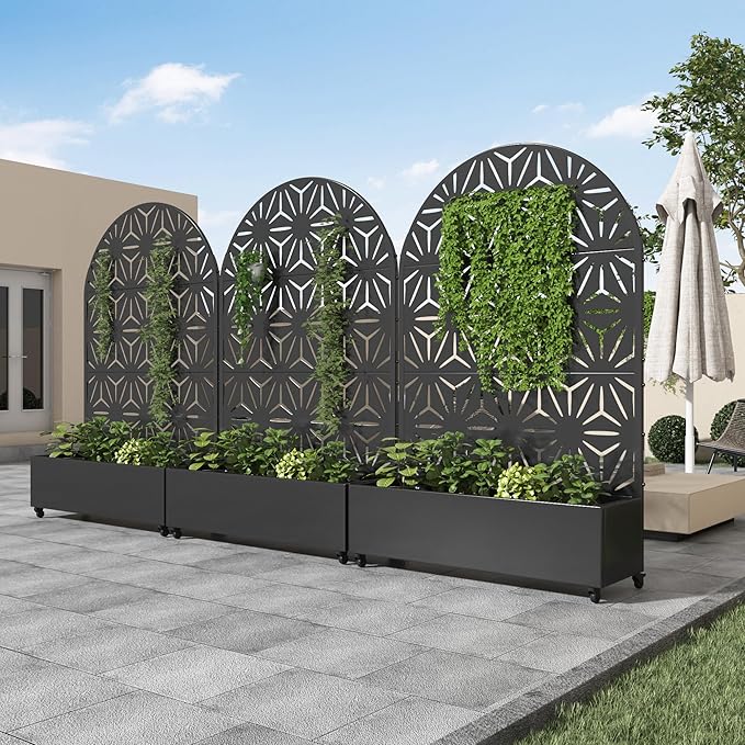 Casaphoria Metal Raised Garden Bed with Trellis and Wheels, 72"x47"x16" Arched Planter Box for Climbing Plants, Vegetables & Vines, Features Drainage Holes and Privacy Screen (Black-Star)