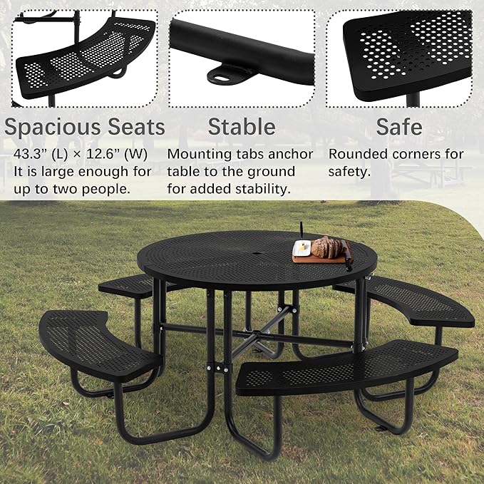 46'' Steel Round Picnic Table for Outdoors, Expanded, Lifetime Picnic Table with Umbrella Hole, Heavy Duty Sturdy Commercial Picnic Tables for Garden Courtyard BBQ, Black