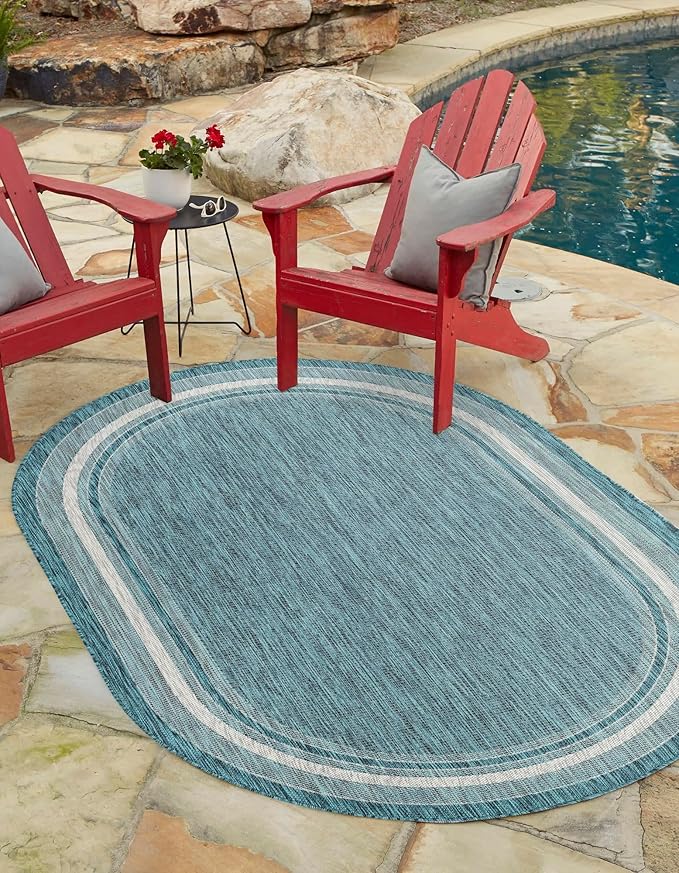 Unique Loom Outdoor Border Collection Area Rug - Soft Border (5' 1" x 8' Oval, Teal/ Ivory)