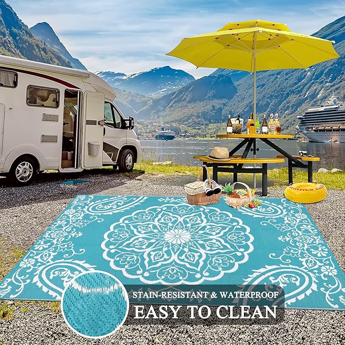 Pauwer Waterproof Outdoor Rug 10x14, Reversible Plastic Straw Patio Camping Rug, Indoor Outdoor RV Mat Carpet for Deck, Camper, Porch, Balcony, Backyard, Picnic, Boho Teal