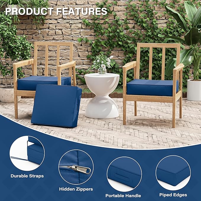 Patio Chair Cushions 18.5 X 16 X 4 Inch Waterproof Outdoor Seat Cushions for Patio Furniture, Outdoor Sofa Couch Pads with Ties & Handle, Set of 2, Blue