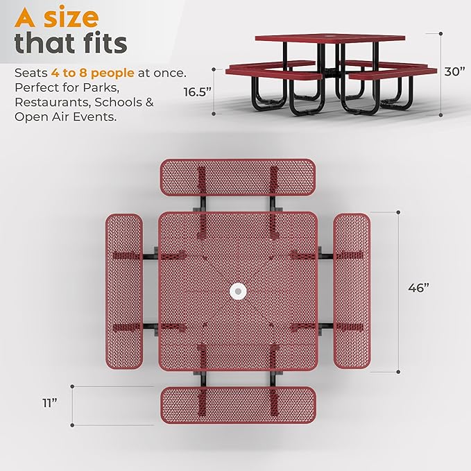 Metal Picnic Tables for Outdoors with Umbrella Hole - Coated Steel Heavy Duty Commercial Grade Table with Adjustable Seats (Red, 46 in, Square, Expanded Steel)
