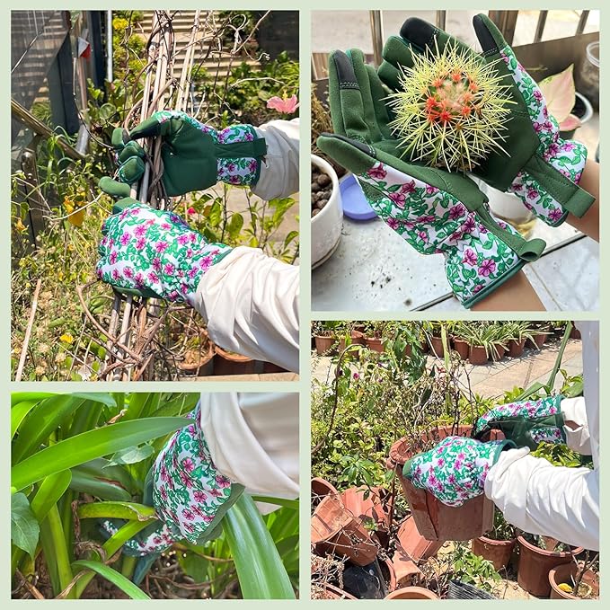Gardening Gloves for Women, Garden Gloves with Touch Screen, Thorn Proof Puncture Resistant Working Gloves, Gardening Gifts for Women (Green with purple flowers, Medium)