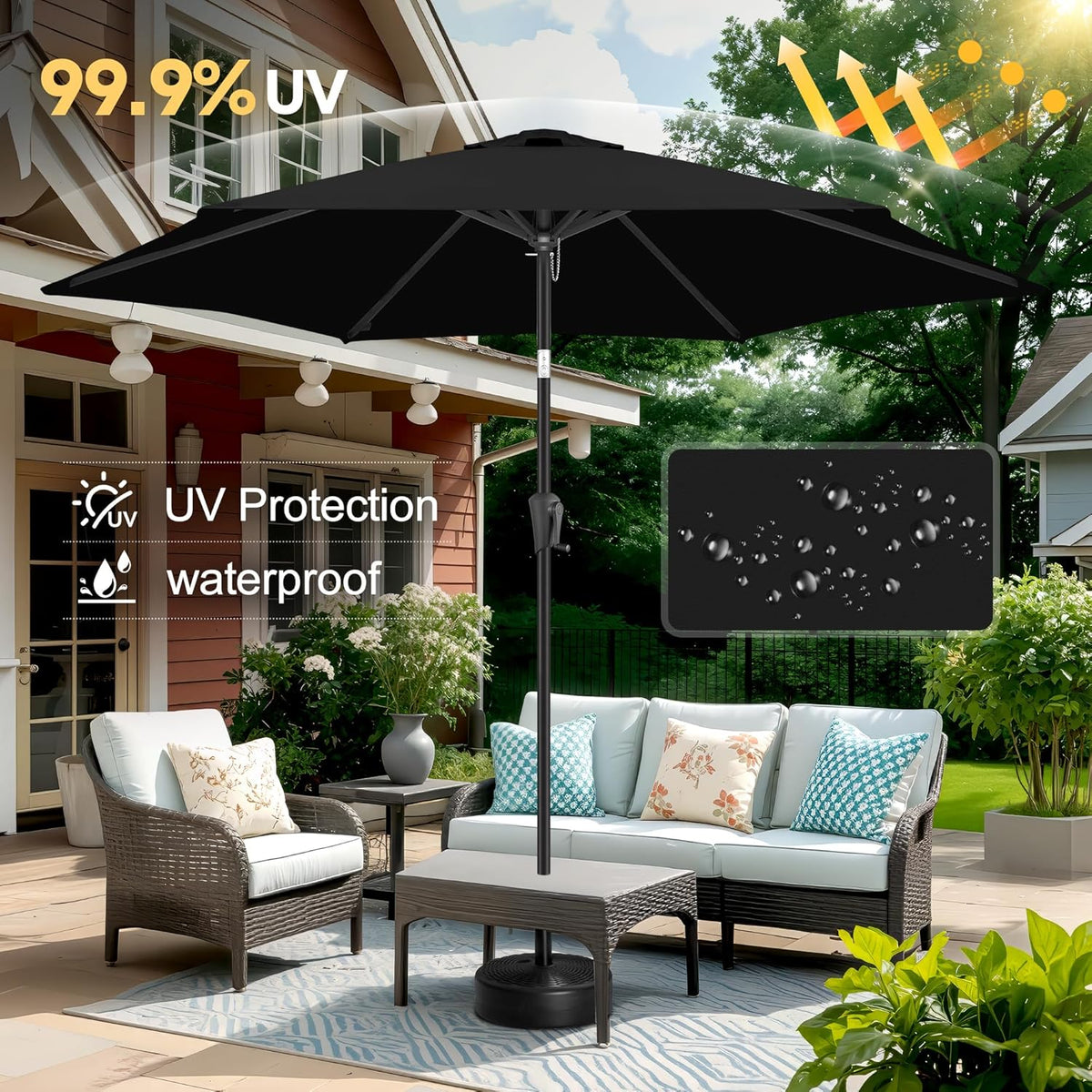 FLAME&SHADE 10ft Patio Umbrella - Outdoor Umbrella with 6 Sturdy Ribs, Push Button Tilt and Crank, UV Protection Table Market Umbrella for Pool, Porch，Garden, Deck, Backyard (Black)