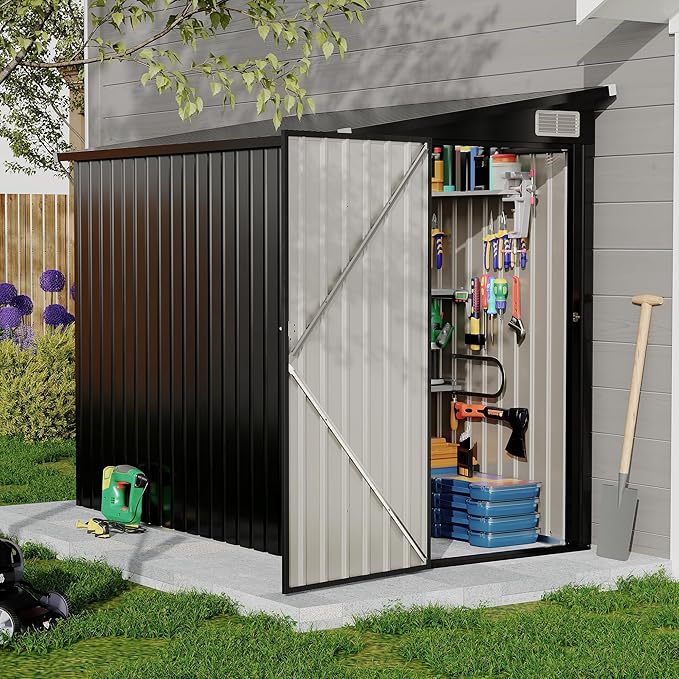 4x8 FT Metal Outdoor Lean to Storage Shed, Lean to Garden Shed Utility Tool Shed, Heavy-Duty Outdoor Metal Wall Side Storage Sheds