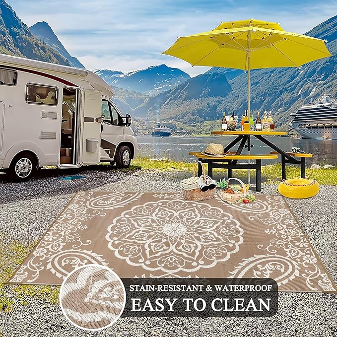 Pauwer Waterproof Outdoor Rug 5x8, Reversible Plastic Straw Patio Camping Rug, Indoor Outdoor RV Mat Carpet for Deck, Camper, Porch, Balcony, Backyard, Picnic, Boho Brown
