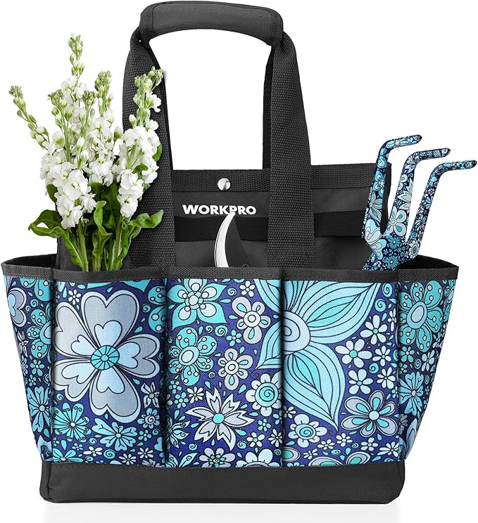 WORKPRO Garden Tool Bag, 9 Pockets Gardening Bag, Heavy Duty Oxford Garden Tote Caddy (Tools NOT Included), 12" x 12" x 6" (Floral Blue)