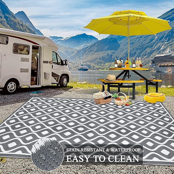 Pauwer Reversible Outdoor Rug, 9'x12', Waterproof, Polypropylene, Moroccan Grey, Area Rug for Patio, RV, Camping, Picnic, Backyard, Deck, Balcony, Porch