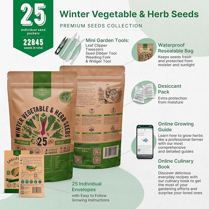 Organo Republic 25 Winter Vegetable & Herb Garden Seeds Variety Pack for Outdoors & Indoor Home Gardening 22,840+ Non-GMO Heirloom Seeds Broccoli Beet Carrot Cabbage Radish Pea Mint Thyme Parsley