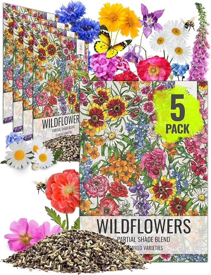 Seed Needs Partial Shade Wildflower Seed Mix for Planting | 5 Packs (1 Ounce Each) 14+ Varieties Open Pollinated Annual & Perennial Species | Flower Seeds Shade Tolerant | Bulk
