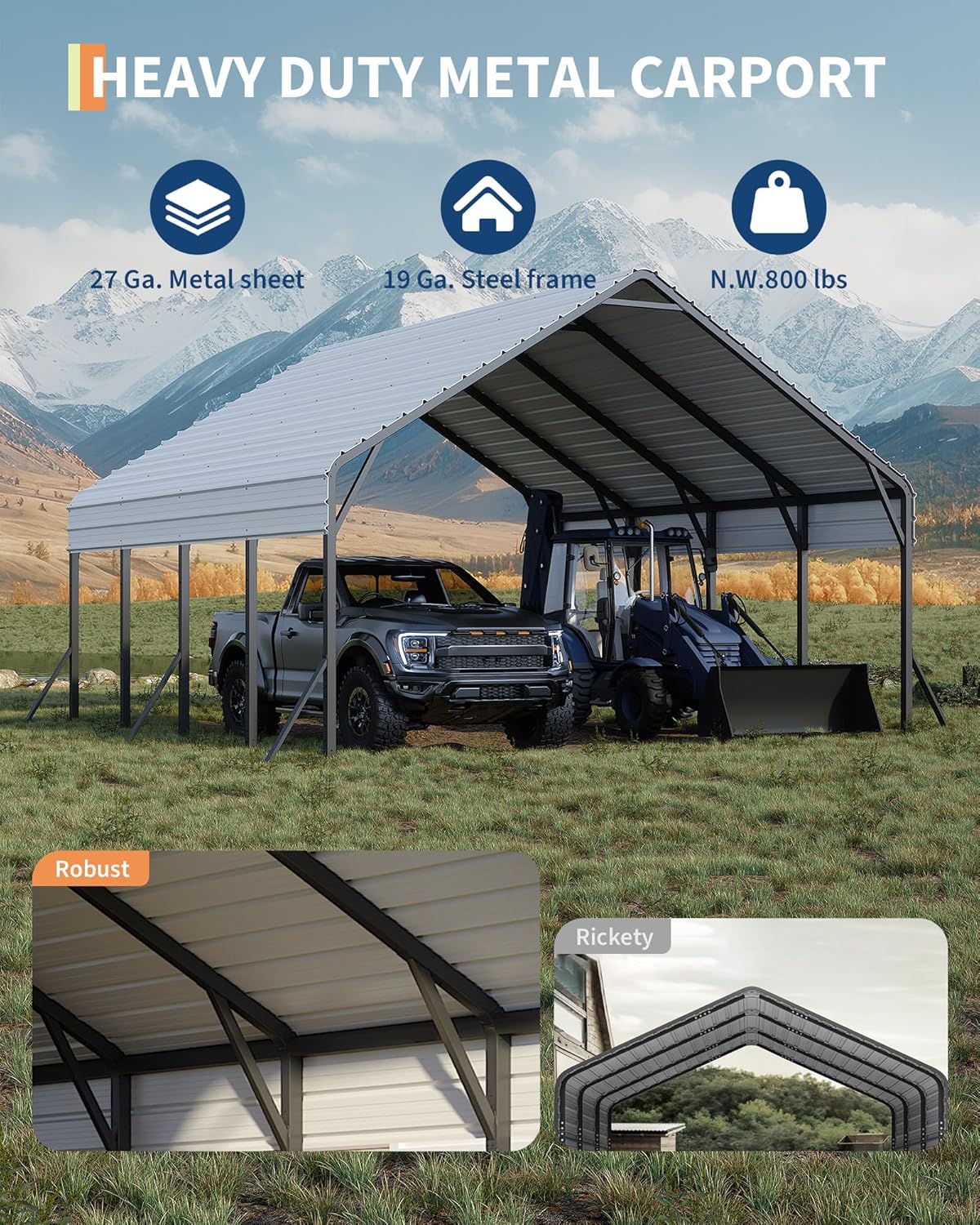20'x20'x13' Metal Carport for 2 Cars, Heavy Duty Steel Frame for All Weather, Permanent Shelter for Boats, Full-Sized Pickup Trucks, and Tractors, N.W. 800 Lbs