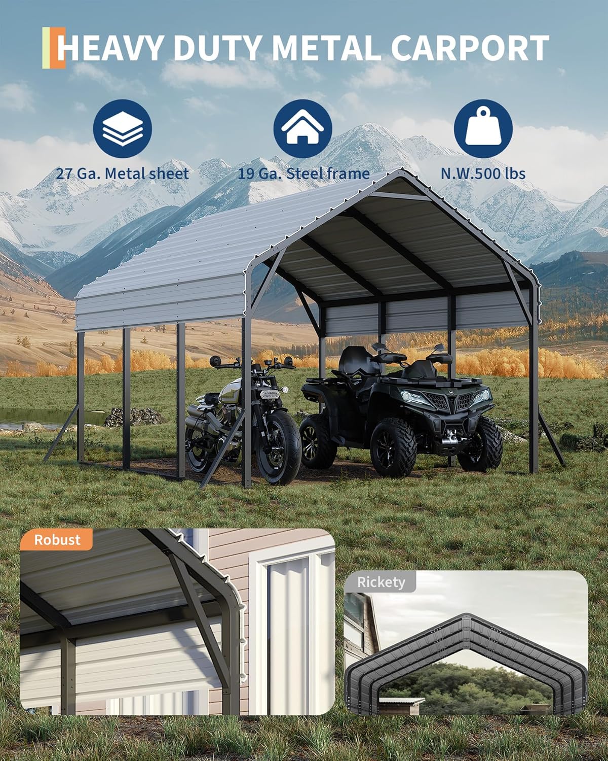 13'x16'x11' Metal Carport, Steel Heavy Duty Car Ports for All-Weather, for Cars, Motorcycles, ATV, or Boats, N.W. 500 Lbs