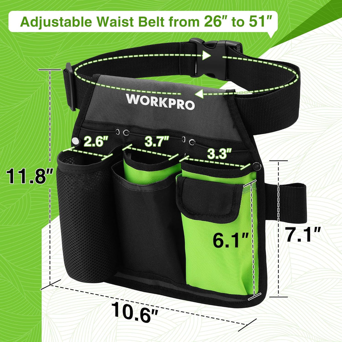 WORKPRO Garden Tool Belt, 5-Pocket Single Side Gardening Tool Pouch with Adjustable Waist Strap, Utility Garden Waist Bag for Women, Ideal for Gardening, Carpentry, and DIY Projects