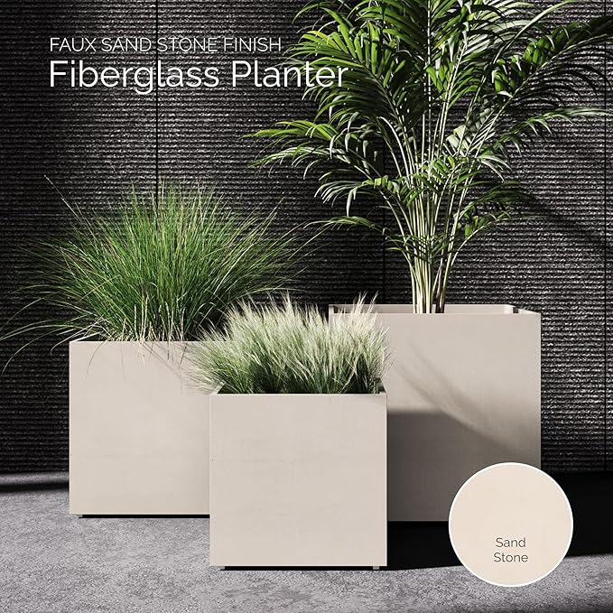 Reglito Cube Planter – Fiberglass Indoor/Outdoor and Weather-Resistant Large Planter (Sand Stone, 27.6" L x 27.6" W x 28.1" H)