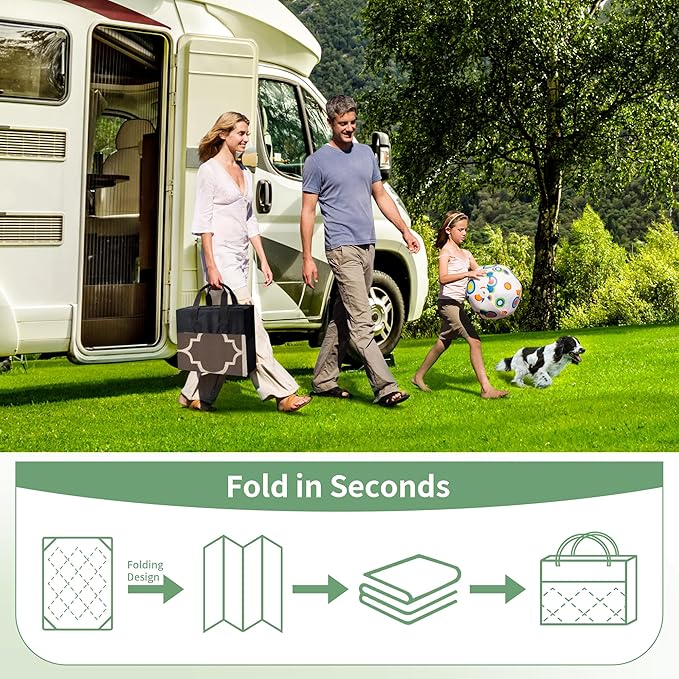 GENIMO Outdoor Rug 8' x 10' Patio Waterproof, Foldable Reversible Plastic Straw Area Rugs Mat for Camper Decor, Outside Carpet for Rv, Deck, Porch, Picnic, Beach, Balcony, Coffee & Beige