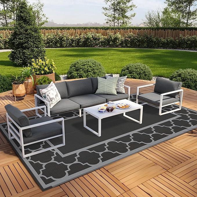 GENIMO 9' x 18' Outdoor Rug Waterproof for Patio, Foldable Reversible Plastic Straw Area Rugs Mat for Rv Decor, Outside Carpet for Camper, Deck, Picnic, Beach, Balcony, Porch, Black & Grey