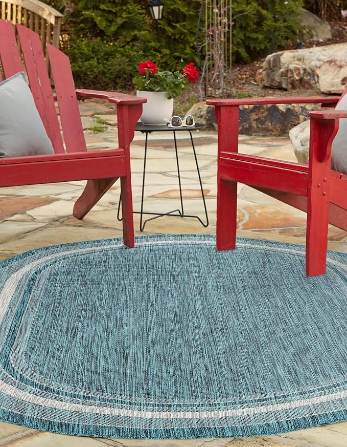 Unique Loom Outdoor Border Collection Area Rug - Soft Border (5' 1" x 8' Oval, Teal/ Ivory)