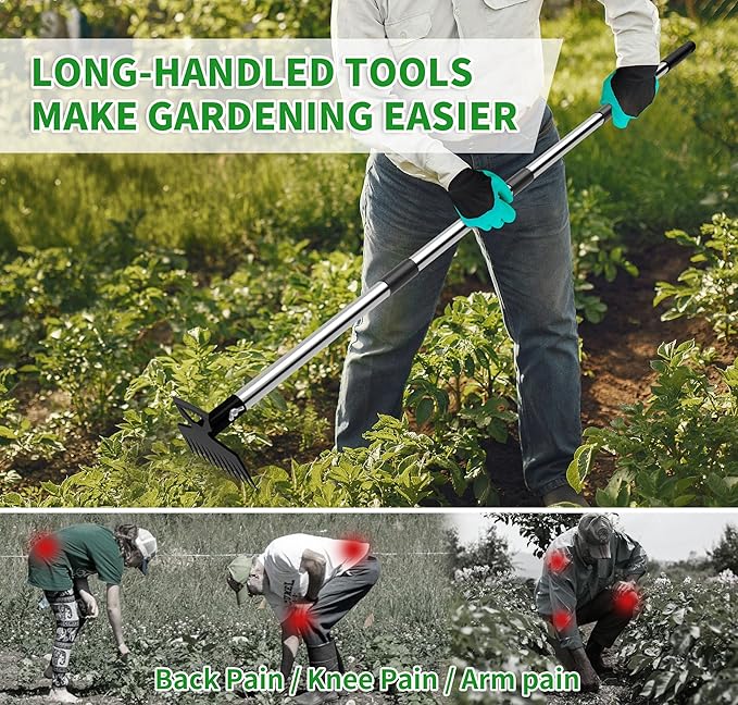 Weeding Puller Tool with Long Handle, 11 Tooth Manual Weed Rake Weeder Remover Tool Gardening with Gloves, Dandelion Gardenia Uprooting Tool for Yard, Lawn, Patio and Garden