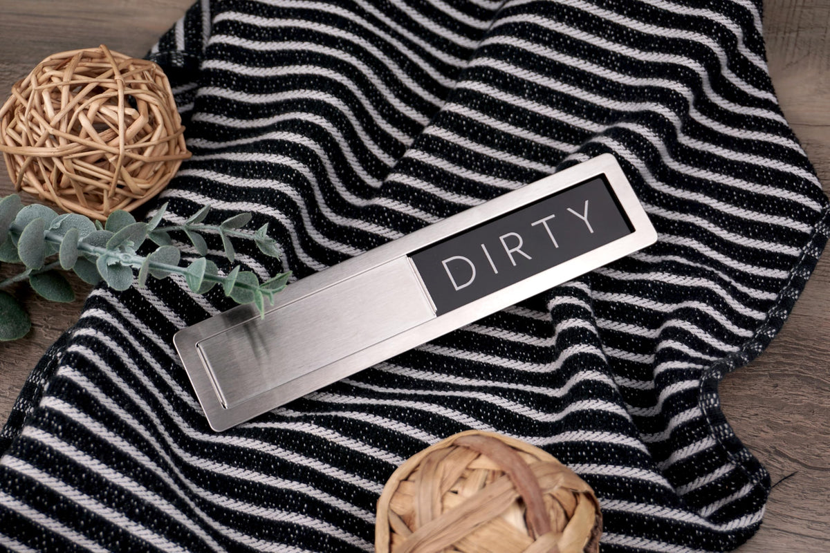 Stainless Steel Dishwasher Magnet Clean Dirty Sign - Premium Magnetic Signs That Say Clean/Dirty - Optional Sticker Adhesive for Non-Metal Surface Dish Washers - Black & White Minimalistic Style