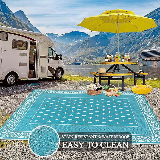 Pauwer Waterproof Outdoor Rug 8x10, Reversible Plastic Straw Patio Camping Rug, Indoor Outdoor RV Mat Carpet for Deck, Camper, Porch, Balcony, Backyard, Picnic, Bordered Teal