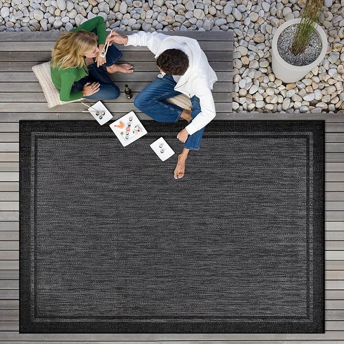 CAMILSON Indoor Outdoor Rug, 8x10 Bordered Dark Gray Black Modern Area Rugs for Indoor and Outdoor Patios, Kitchen and Hallway Mats, Washable Porch Deck Outside Carpet (Bordered Black, 8 x 10)