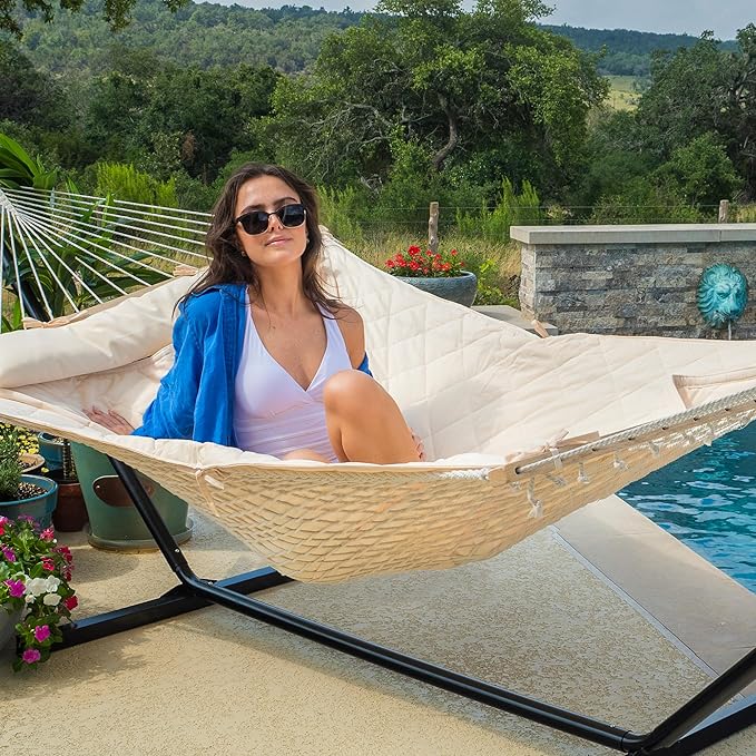 ANOW Heavy Duty Hammock with 12FT Steel Stand Included, Rope Hammock with Detachable Pillow and Pad, 450 LBS Weight Capacity, Cream