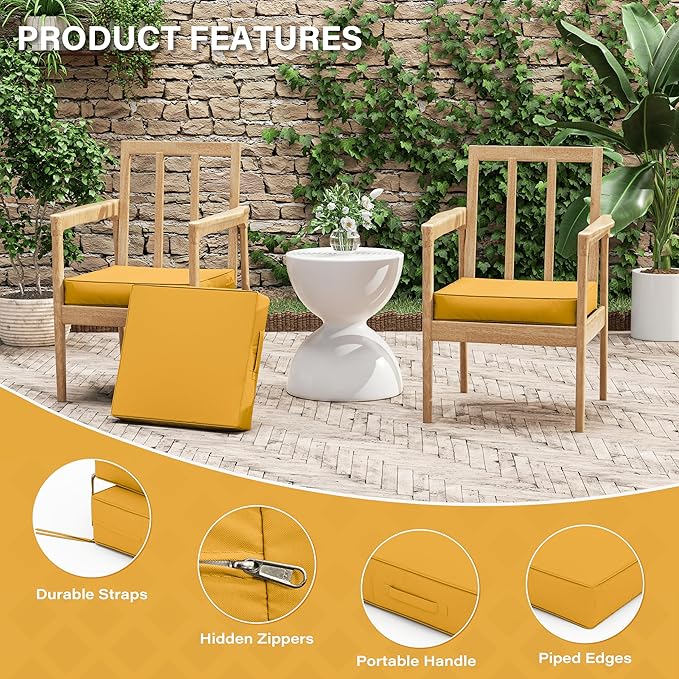 Patio Chair Cushions 17 X 16 X 3 Inch Waterproof Outdoor Seat Cushions for Patio Furniture, Outdoor Sofa Couch Pads with Ties & Handle, Set of 2, Yellow