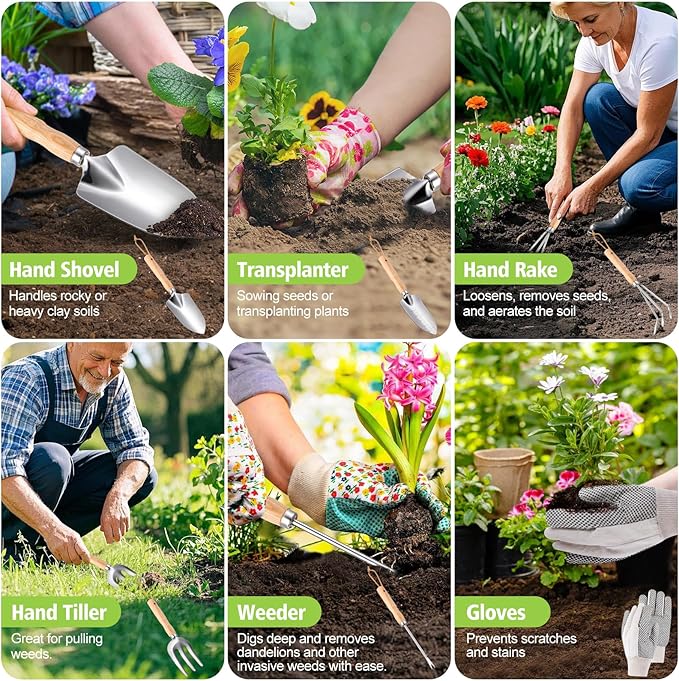 Garden Tools 5-Pieces, Heavy Duty Gardening Hand Tools with Wooden Handle, Canvas Gloves, Stainless Steel Material, Rust-Proof Garden Tool Set, Ideal Gardening Gifts for Women