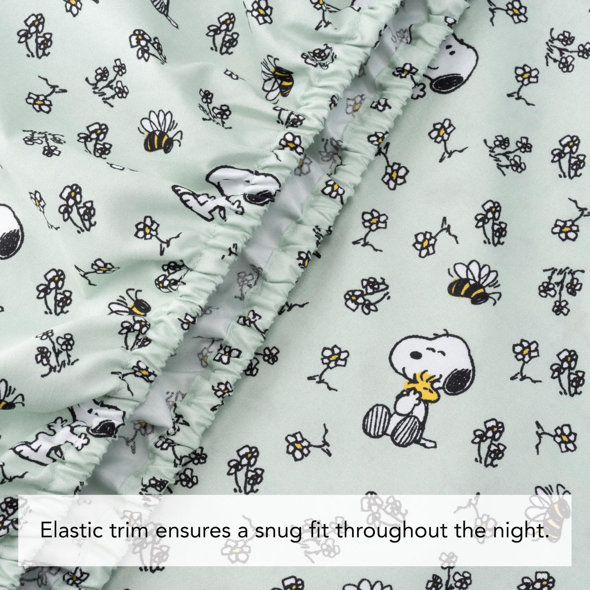 Berkshire Peanuts® Sheet Set Queen Size - 4 Pieces,Cute Character Snoopy Printed Soft Microfiber Bed Sheets,Mini Snoopy & Woodstock New Flower and Bees Sage