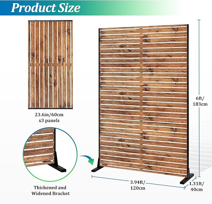 Metal Privacy Screen, 72" H×47" W Outdoor Privacy Screen, Freestanding Decorative Privacy Screen for Deck Balcony Patio, Natural Wood Brown
