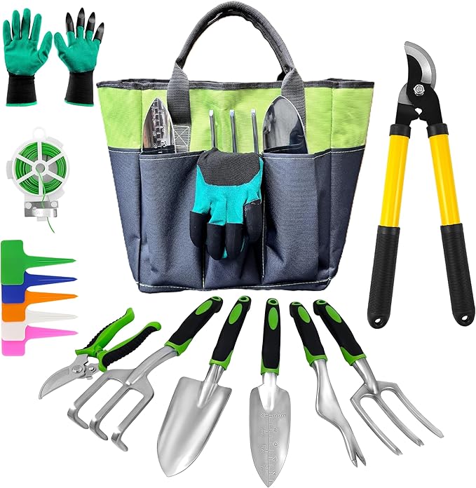 41-Piece Premium Gardening Tool Set, Stainless Steel Heavy Duty Gardening Tool Kit, with Non-Slip Rubber Grip, Storage Tote Bag, Outdoor Hand Tools, Ideal Gardening Gifts for All (Green/Grey)