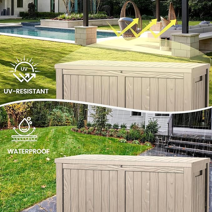120 Outdoor Storage Box, Waterproof Resin Deck Box for Indoor & Outdoor Use, Lockable Storage Bench with Piston Hinge, Storage Bin for Patio Cushions, Garden Tools, Package Delivery, Grey