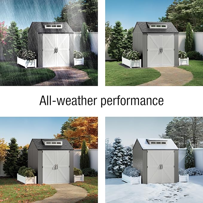Rubbermaid Resin Outdoor Storage Shed With Floor (7 x 7 Ft) Weather Resistant Gray Organization for Home/Backyard/Garden Tools/Lawn Mower/Bike Storage/Pool Supplies