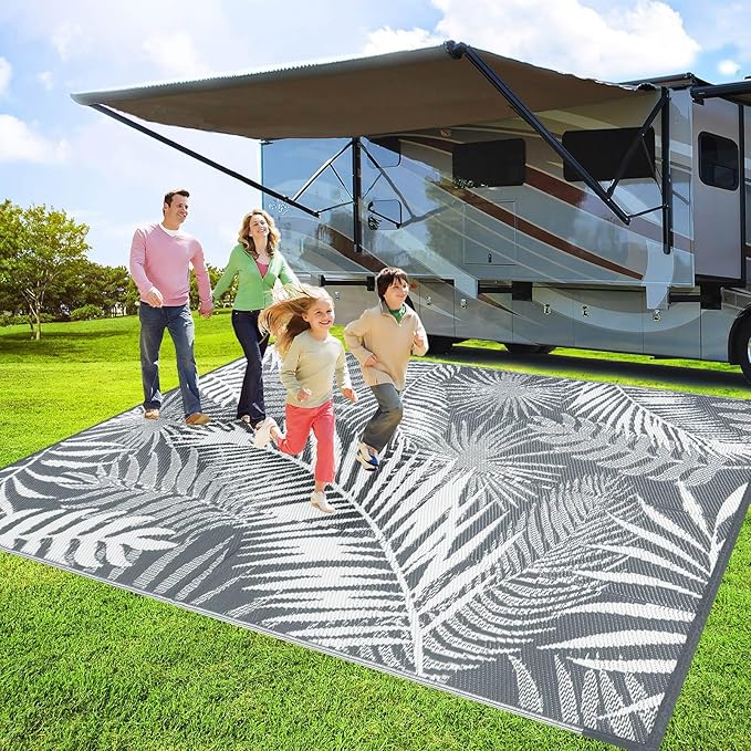 HiiARug Outdoor Reversible Plastic Straw Rug, 9'x12', Cool Gray, Large Patio Mat for RV, Backyard, Deck, Picnic, Beach, Trailer, Camping