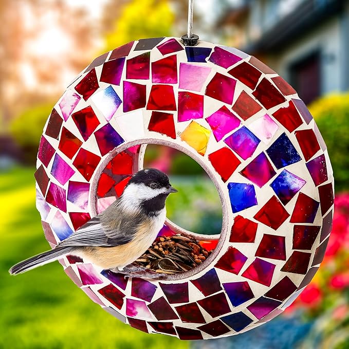 Sunnydaze 6-Inch Glass Mosaic Hanging Bird Feeder for Outdoors - Fly-Through Wild Bird Feeder - Crimson Mosaic