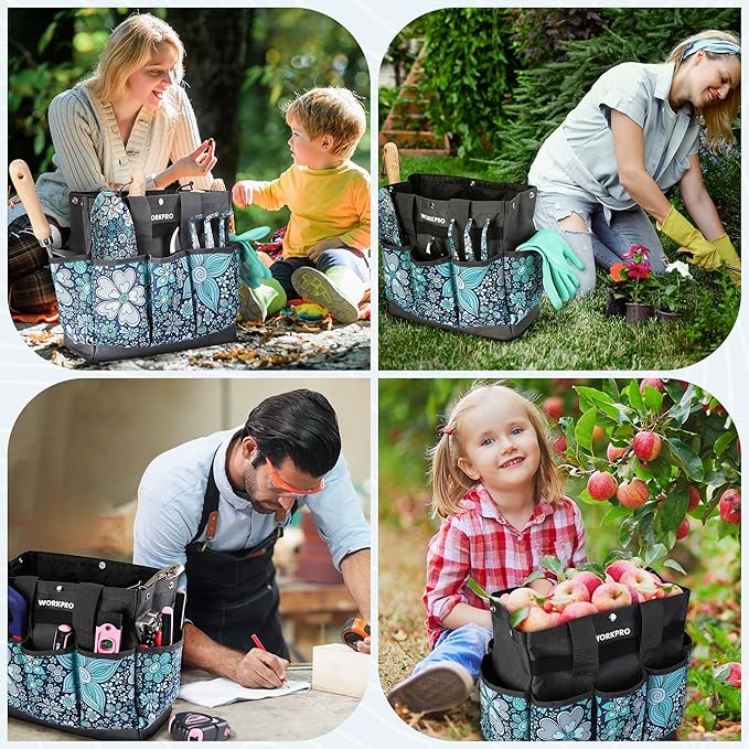 WORKPRO Garden Tool Bag, 9 Pockets Gardening Bag, Heavy Duty Oxford Garden Tote Caddy (Tools NOT Included), 12" x 12" x 6" (Floral Blue)