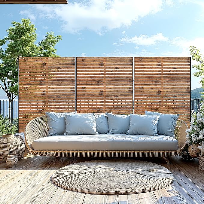 Metal Privacy Screen, 72" H×47" W Outdoor Privacy Screen, Freestanding Decorative Privacy Screen for Deck Balcony Patio, Natural Wood Brown