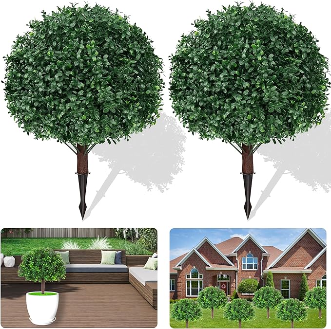Artificial Boxwood Topiary Ball Trees, Set of 2 Artificial Boxwood Ball Bush Artificial Shrub Bushes UV Resistance Rated with Spike Fake Outdoor Plant for Front Door Decor, Home Decor, Garden