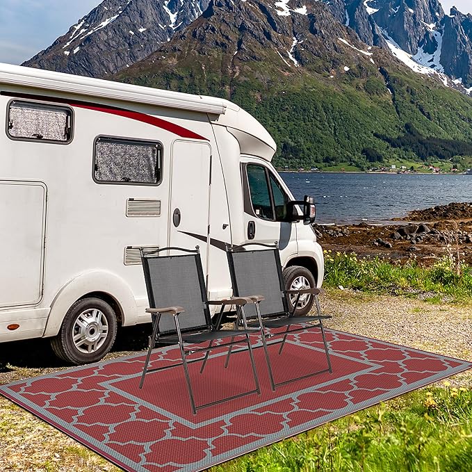 GENIMO 6' x 9' Outdoor Rug Waterproof for Patio Decor, Foldable Reversible Plastic Straw Area Rugs Mat for Camper, Outside Carpet for Rv, Deck, Porch, Picnic, Beach, Balcony, Red & Grey