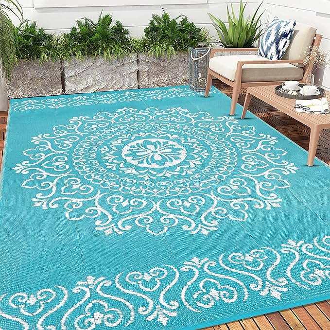 Pauwer Waterproof Outdoor Rug 8x10, Reversible Plastic Straw Patio Camping Rug, Indoor Outdoor RV Mat Carpet for Deck, Camper, Porch, Balcony, Backyard, Picnic, Floral Teal