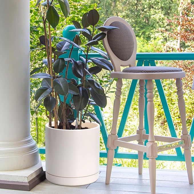 D'vine Dev 10 Inch Ceramic Planter Pot with Drainage Hole and Saucer, Indoor Cylinder Round Planter Pot, Oatmeal, 94-O-E-8