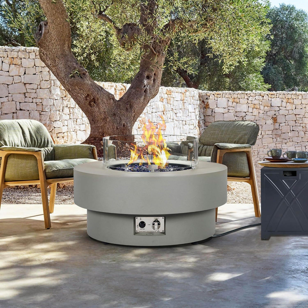 32.5-inch Outdoor Gas Fire Pit with 20lb Propane Tank Cover Table & Wind Glass Shield,50,000BTU Propane Gas Fire Pits for Outside Patio w/Round Burner Lid, Glass Rocks