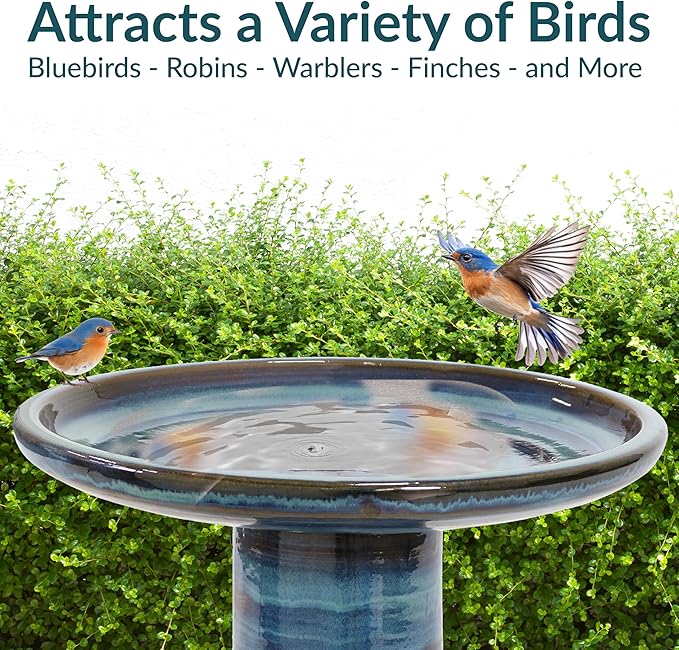 Sunnydaze 21" H Ceramic Bird Bath for Outside - Hand-Painted Outdoor Bird Bath Bowl, UV/Frost-Resistant Finish - Galaxy Blue - Classic Pedestal